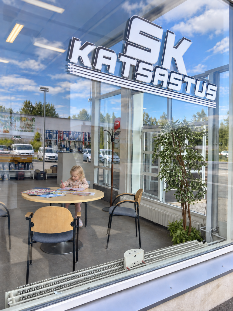 Lapsi piirtää pöydän ääressä Lielahden aseman odotustilassa.