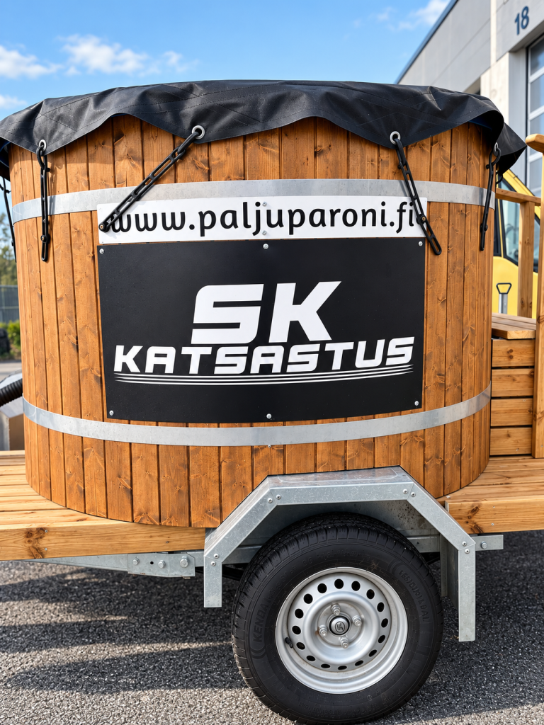 SK Katsastuksen puuverhoiltu palju perävaunun päällä.