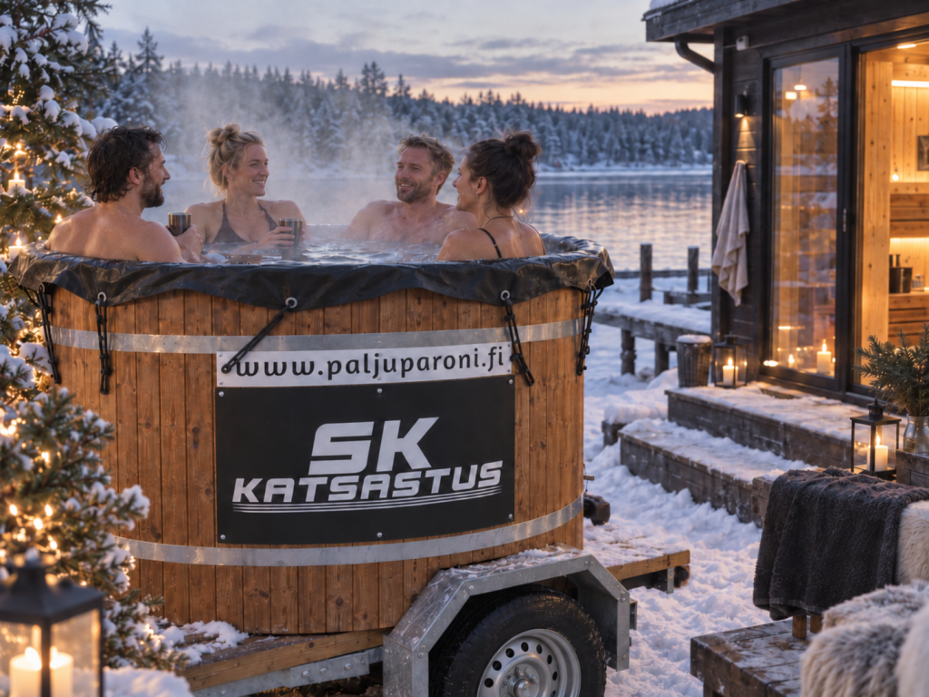 Neljä kylpijää puuverhoillussa paljukärryssä talvisessa järvimaisemassa.