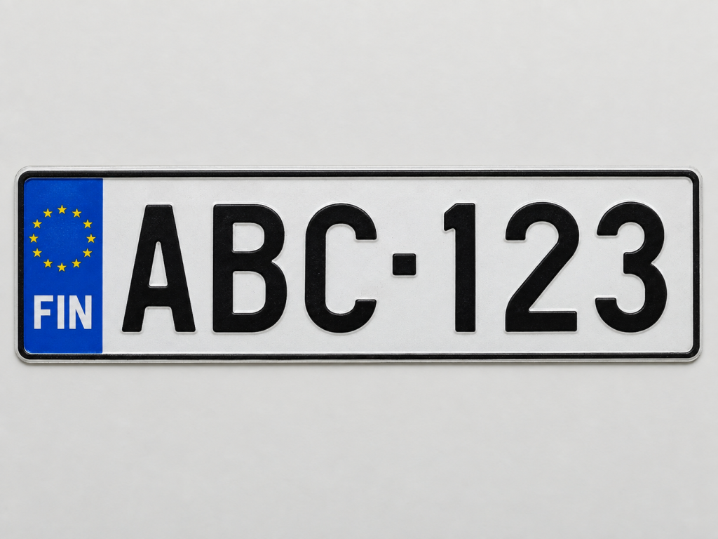 Suomalainen rekisterikilpi, jossa on tunnus ABC-123.