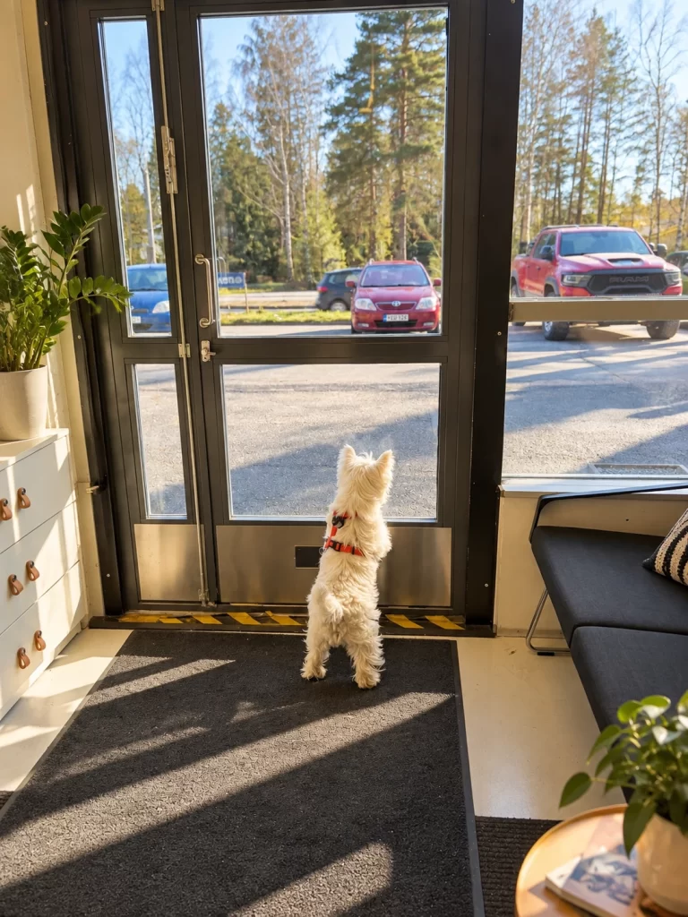 Koira Itäväylän aseman odotustilassa ikkunan äärellä.